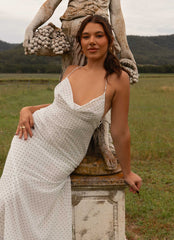 Alianna Cowl Neck Mesh Maxi Dress - White Polka Dot