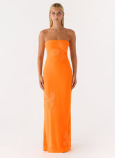Sassafras Beaded Flower Strapless Maxi Dress - Orange