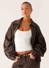 Midwest Washed Denim Bomber Jacket - Light Wash Chocolate