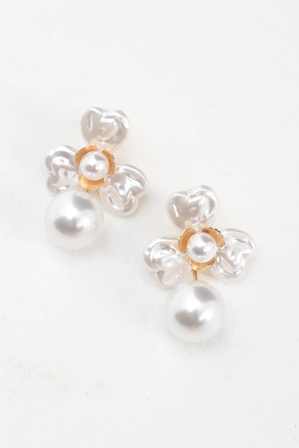 Triniti Drop Flower Earrings Gold Pearl
