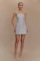 Gala Strapless Tweed Mini Dress - Silver